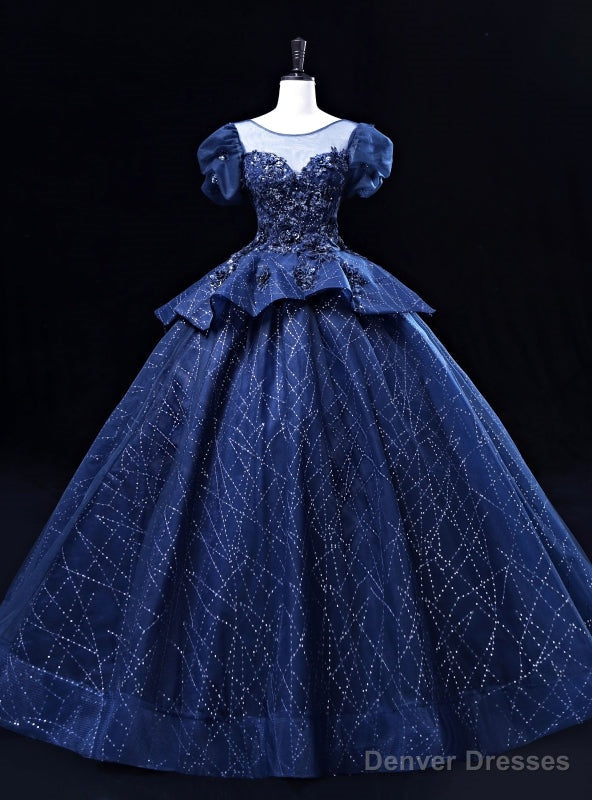 Navy Blue Tulle Sequins Puff Sleeve Appliques Quinceanera Dress Main image