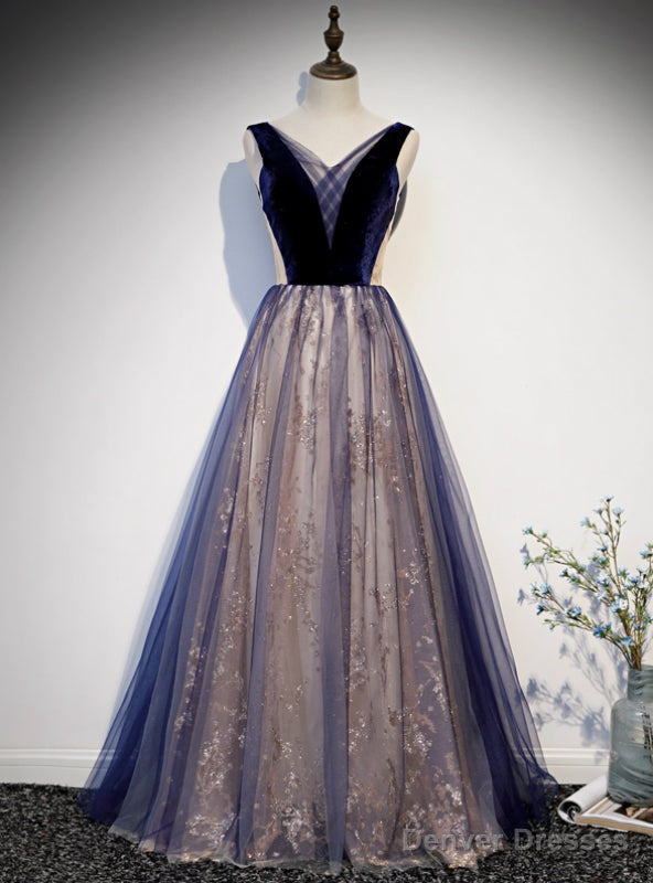 Navy Blue Tulle Sequins Velvet V-neck Prom Dress Main image
