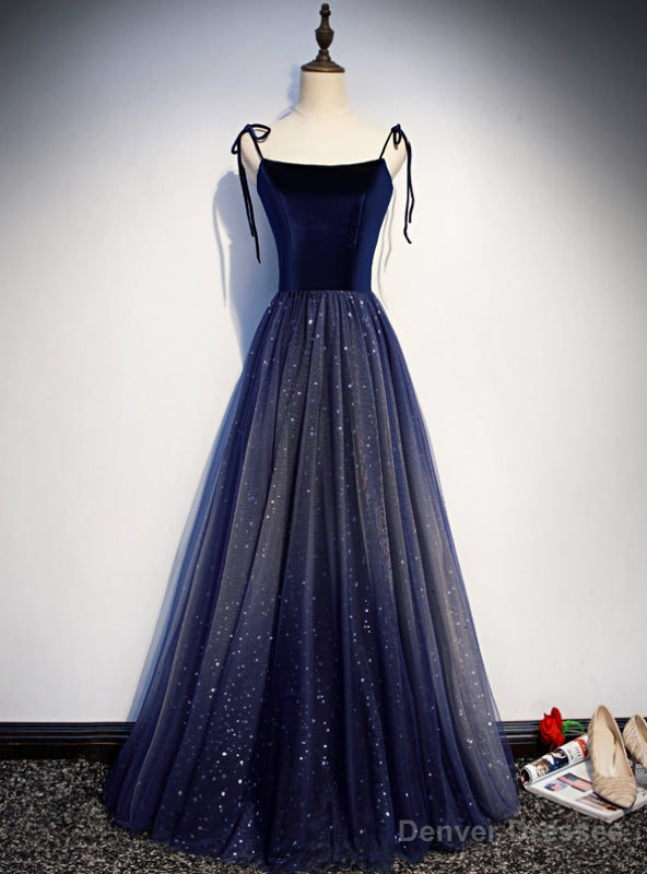 Navy Blue Tulle Spaghetti Straps Sequins Prom Dress Main image
