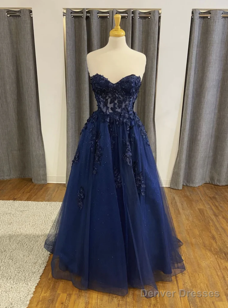 Navy Blue Tulle Sweetheart Appliques Prom Dress Main image