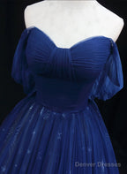 Navy Blue Tulle Sweetheart Long Prom Dress, A-Line Navy Blue Evening Dress