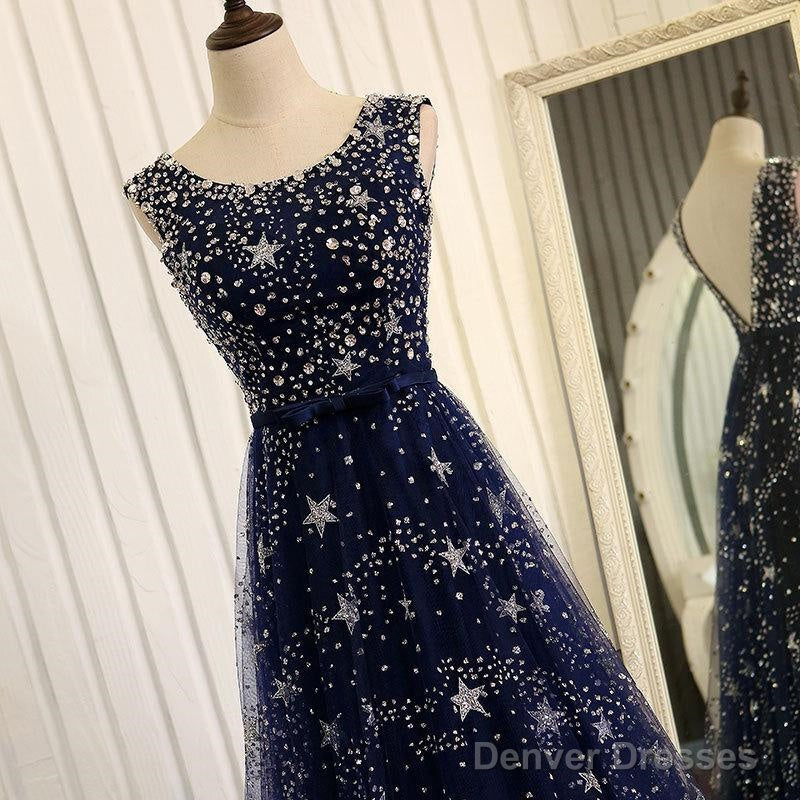 Navy Blue Tulle V Back Long Party Dress Prom Dresses, Blue A-Line Bridesmaid Dresses Secondary image