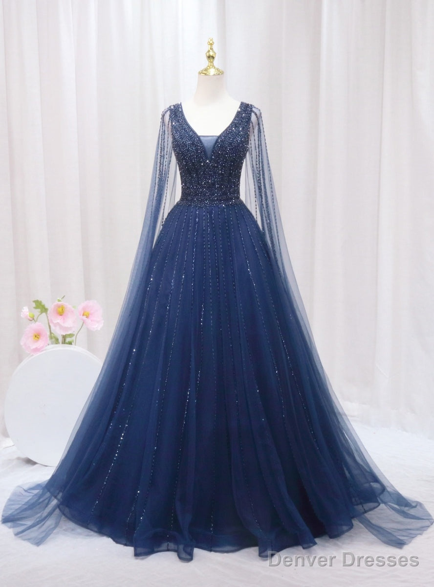 Navy Blue Tulle V-neck Beading Prom Dress Main image