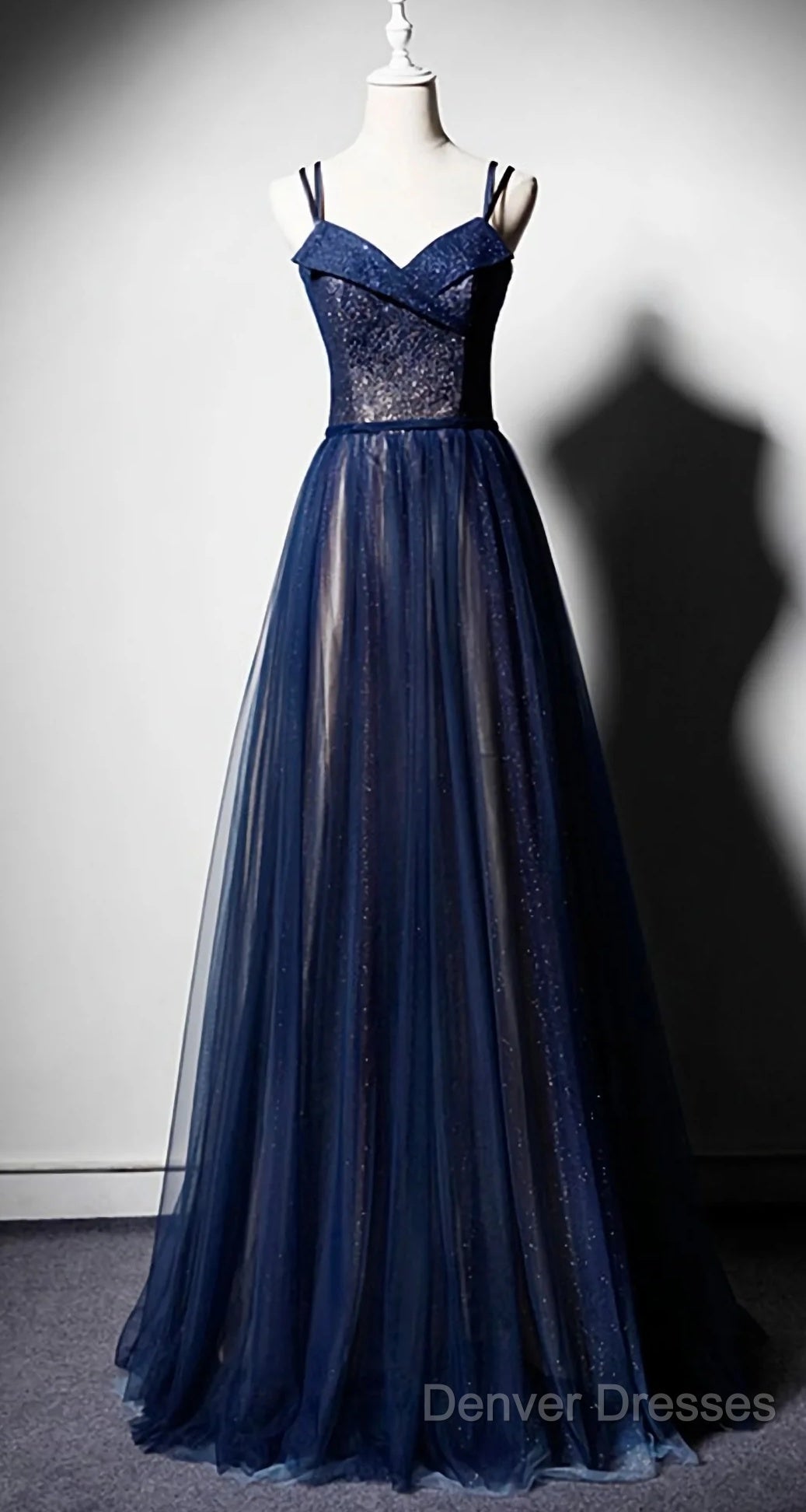 Navy Blue Tulle V Neck Long Women Prom Dress, Lace Up Evening Dress
