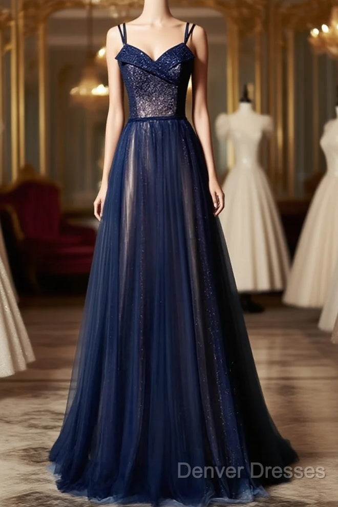 Navy Blue Tulle V Neck Long Women Prom Dress, Lace Up Evening Dress Main image