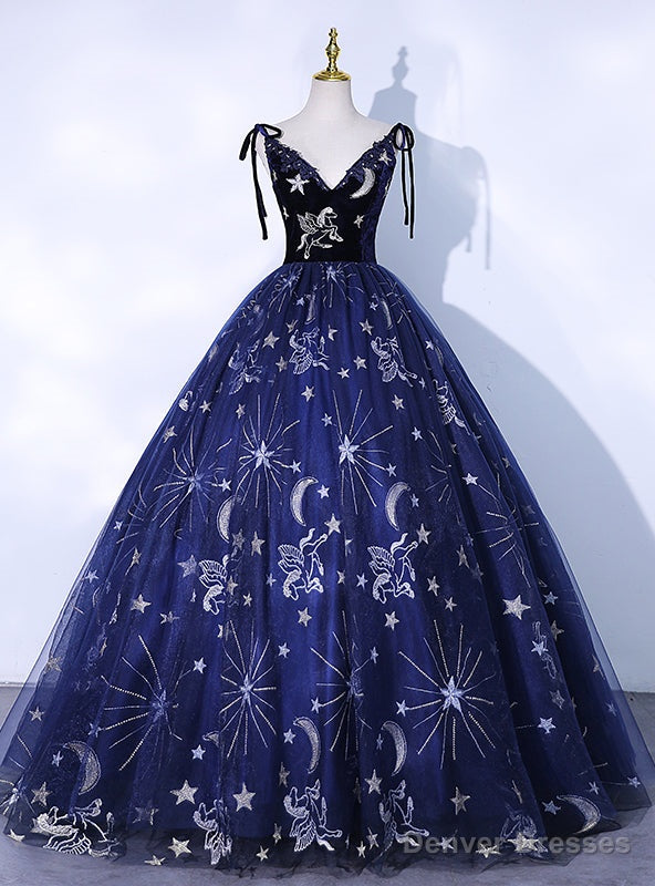 Navy Blue Tulle V-neck Print Quinceanera Dress Main image