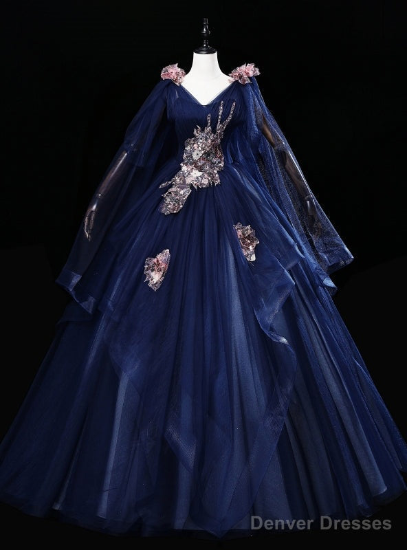 Navy Blue Tulle V-neck Sequins Embroidery Quinceanera Dress Main image