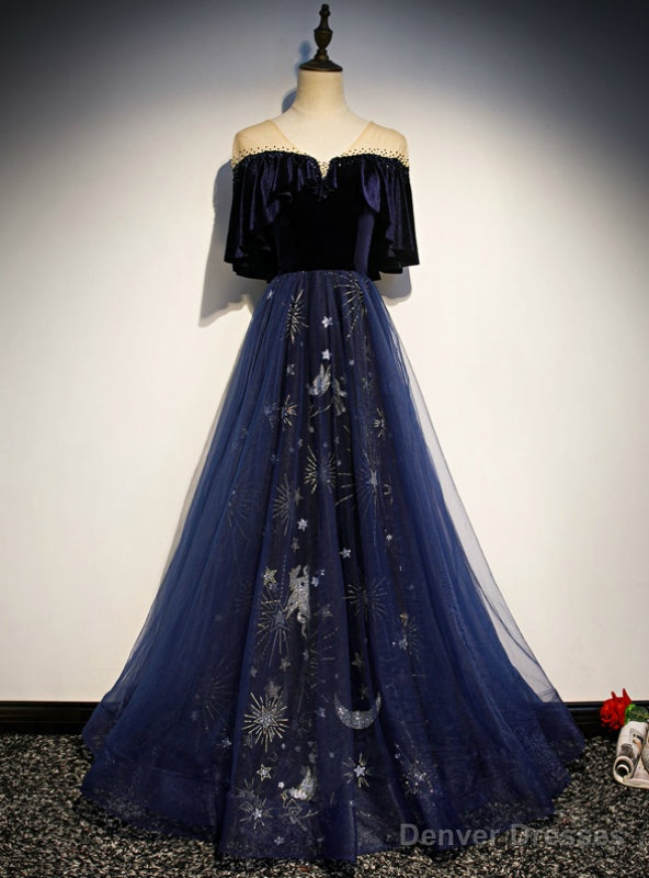 Navy Blue Tulle Velvet Embroidery Short Sleeve Prom Dress Main image