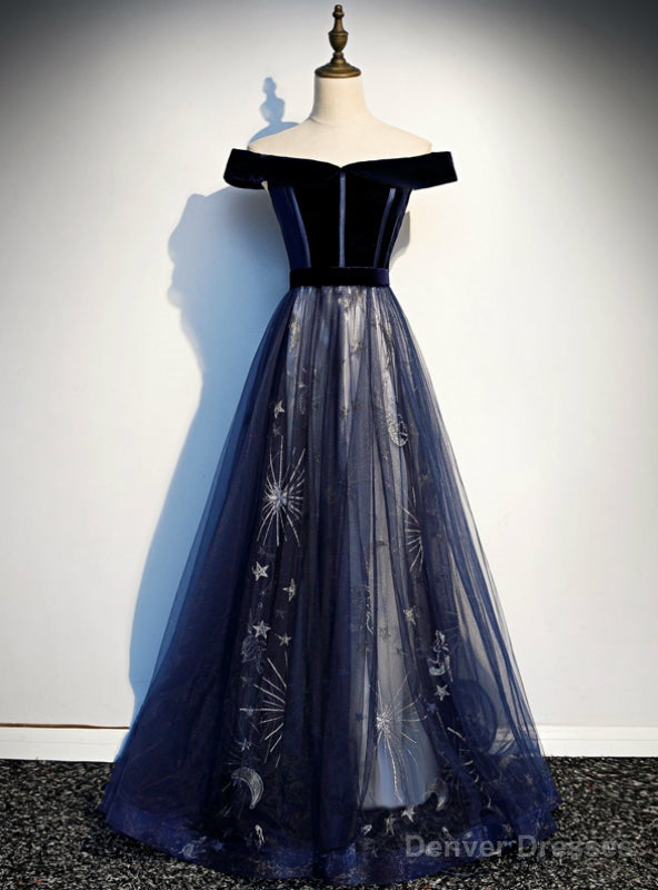 Navy Blue Tulle Velvet Off the Shoulder Prom Dress Main image