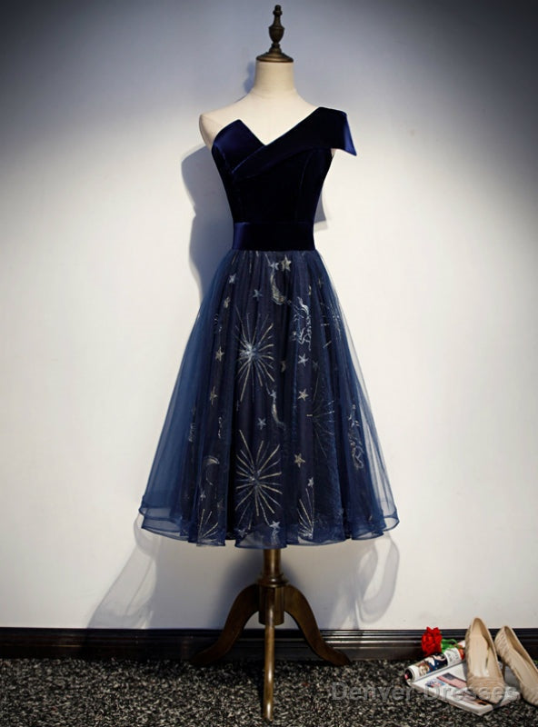 Navy Blue Tulle Velvet One Shoulder Tea Length Prom Dress Main image
