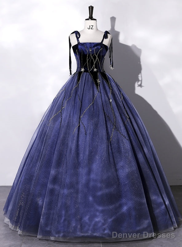 Navy Blue Tulle Velvet Straps Quinceanera Dress Main image