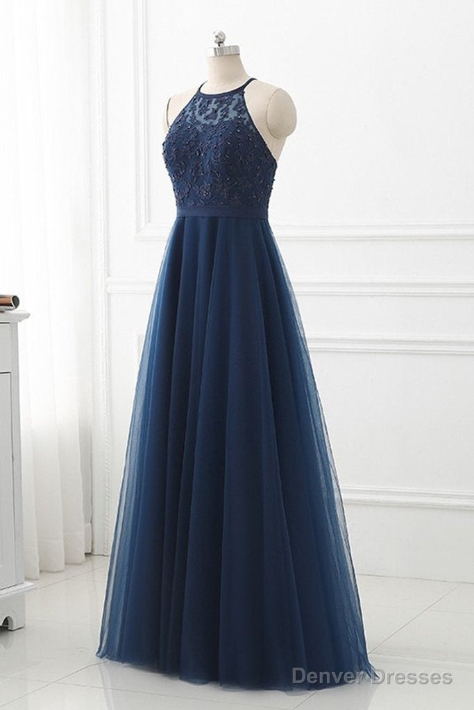 Navy Blue Tulle with Lace Applique Long Party Dress, Blue Prom Dress Main image