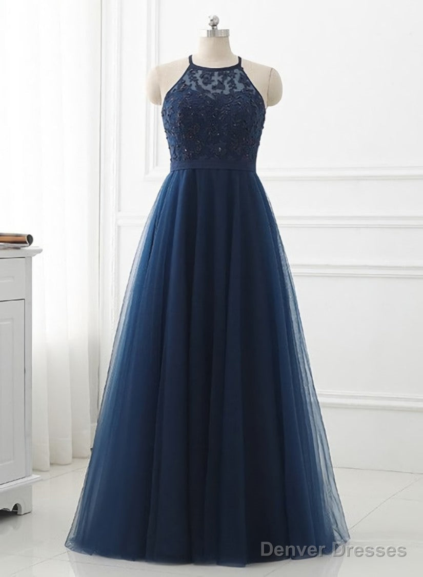 Navy Blue Tulle with Lace Applique Long Party Dress, Blue Prom Dress Secondary image