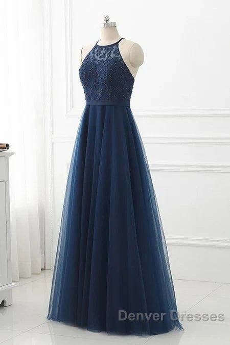 Navy Blue Tulle With Lace Applique Long Party Dress Prom Dress Sleeveless Elegant