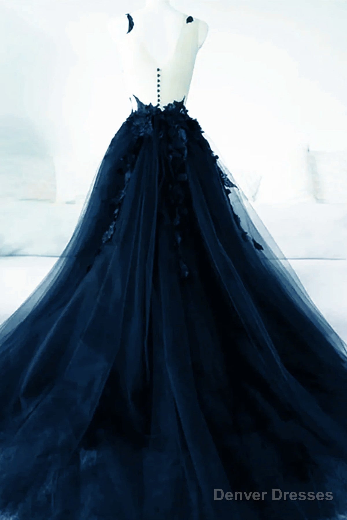 Navy Blue Tulle With Lace Applique Party Dress, Navy Blue Tulle Prom Dress Secondary image