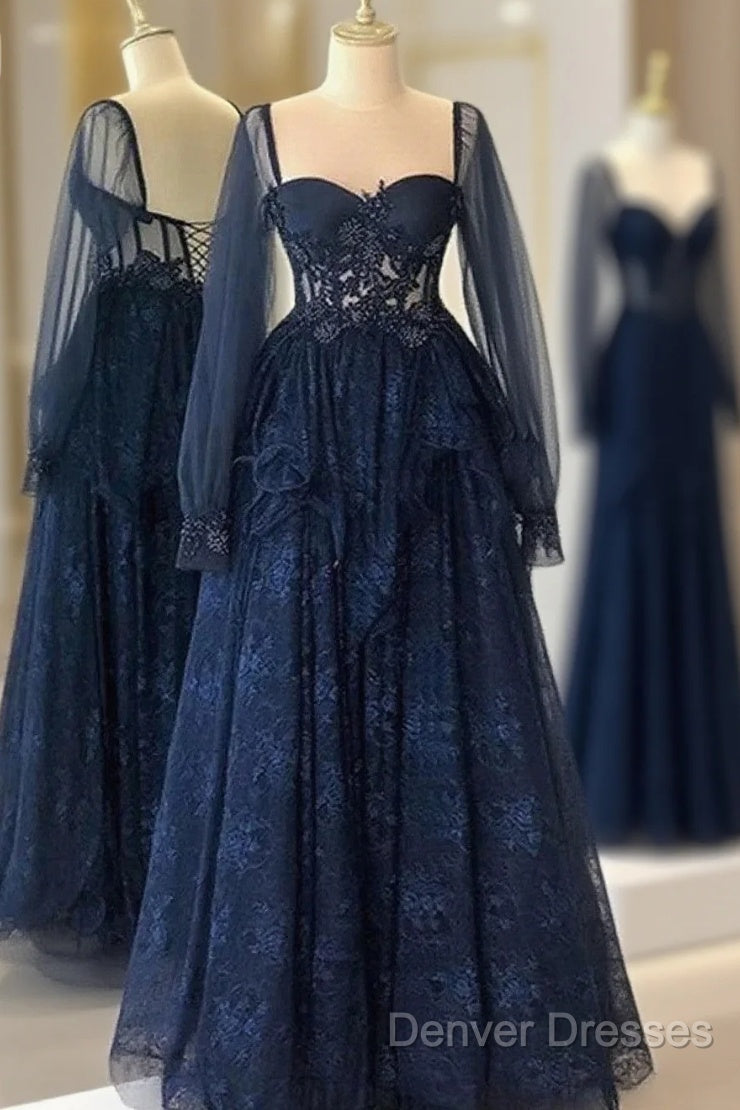 Navy Blue Tulle With Lace Long Sleeves Prom Dress, Navy Blue Party Dress Main image