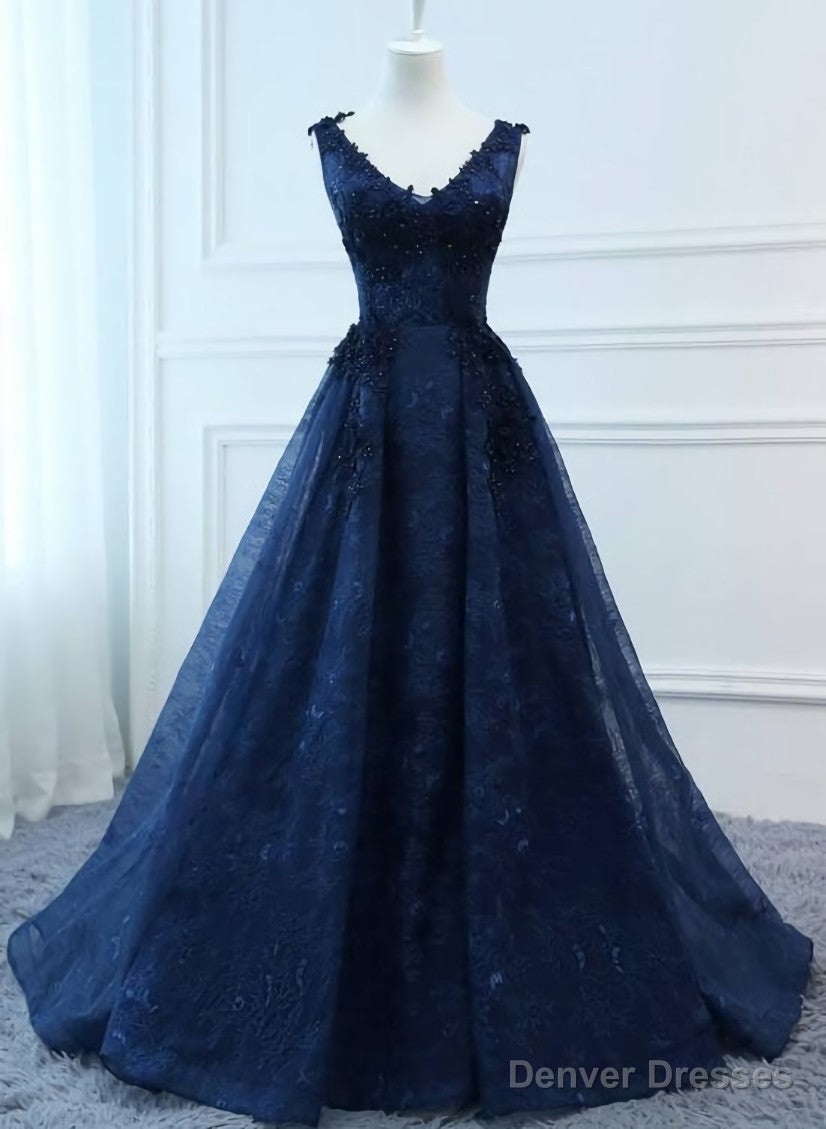 Navy Blue V-neckline Lace Long Party Dress with Flowers, Blue V-neckline Prom Dress Secondary image
