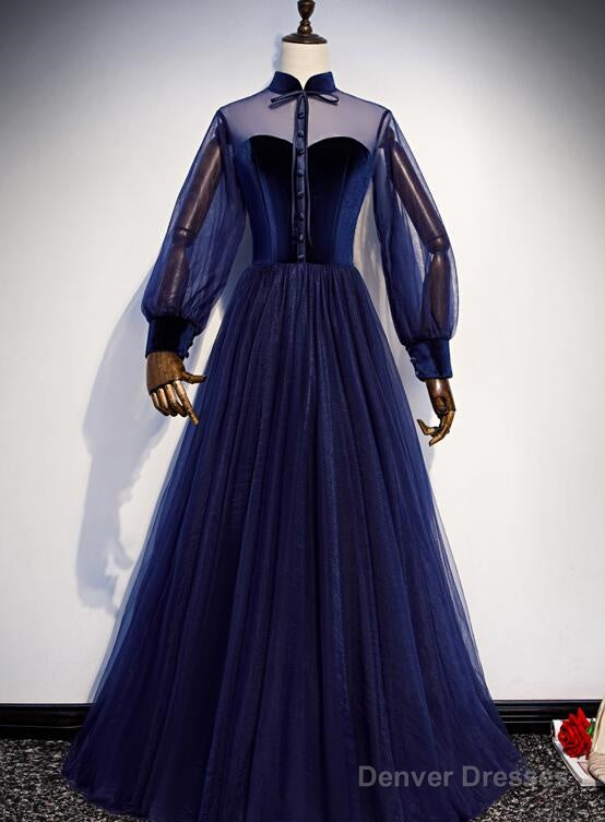 Navy Blue Velvet And Tulle A-Line Long Sleeves Prom Dresses, Blue Bridesmaid Dresses Main image