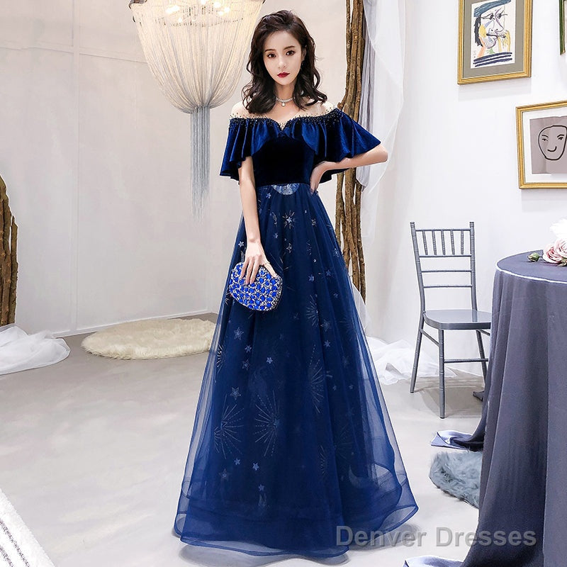 Navy Blue Velvet And Tulle Floor Length Evening Dress Party Dress, Blue Junior Prom Dresses
