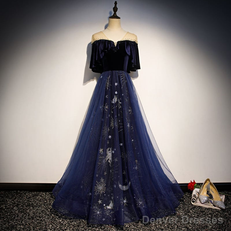 Navy Blue Velvet and Tulle Long Party Dress A-line Blue Evening Dress prom dresses shops Secondary image