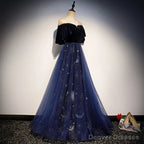 Navy Blue Velvet and Tulle Long Party Dress A-line Blue Evening Dress prom dresses shops