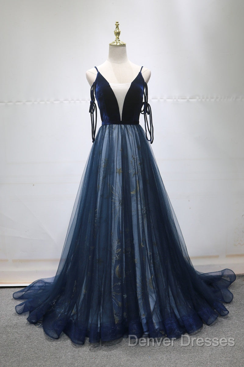 Navy Blue Velvet And Tulle Long Prom Dress Party Dress, Navy Blue Evening Dress