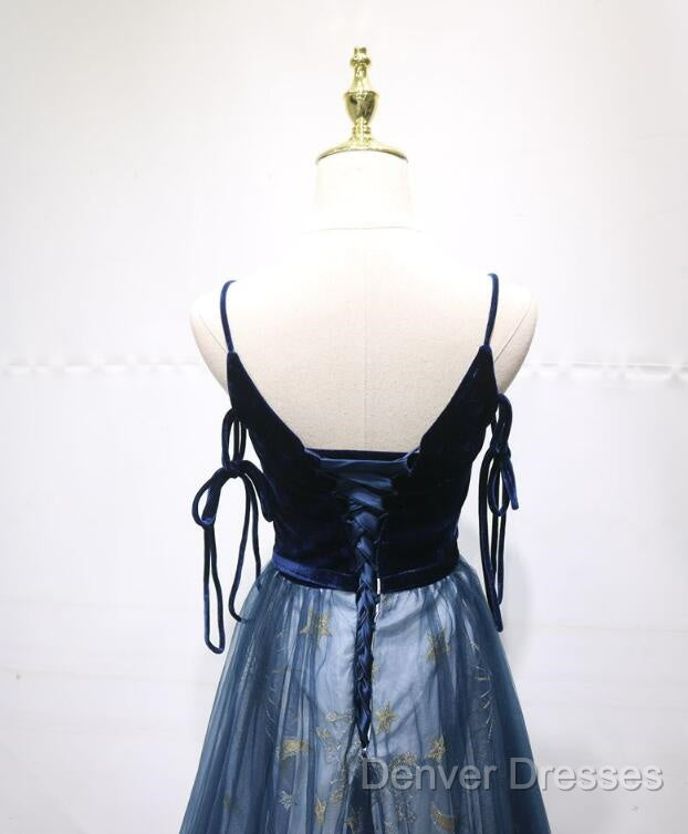 Navy Blue Velvet And Tulle Long Prom Dress Party Dress, Navy Blue Evening Dress