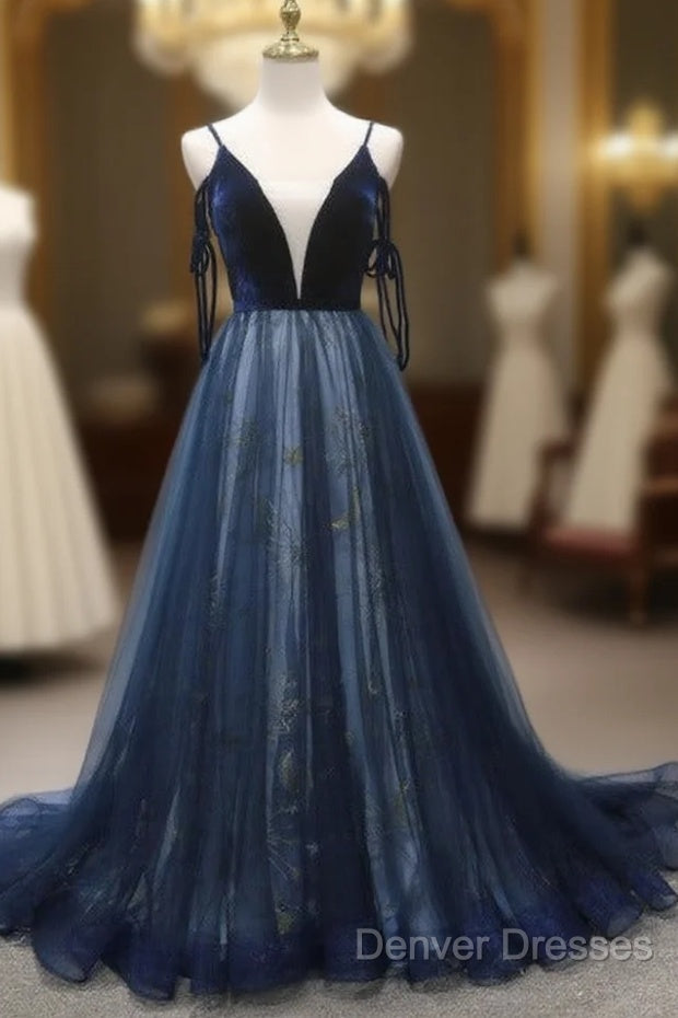 Navy Blue Velvet And Tulle Long Prom Dress Party Dress, Navy Blue Evening Dress Main image