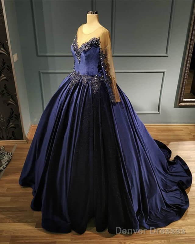 Navy Blue Velvet Ball Gown Long Sleeve Dress Main image