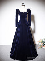 Navy Blue Velvet Long Sleeves Beaded Formal Dress, Blue A-Line Prom Dress