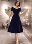 Navy Blue Velvet Tea Length V-Neckline Party Dress, Navy Blue Bridesmaid Dress Party Dress