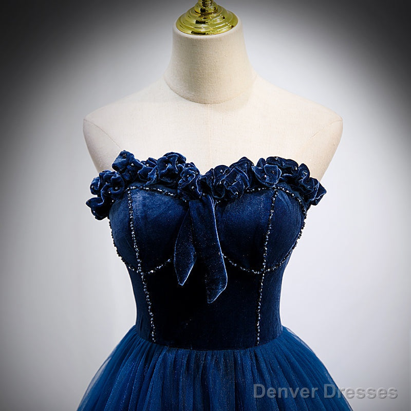 Navy Blue Velvet Top and Tulle Long Formal Dress, Blue Sweetheart Prom Dress Secondary image