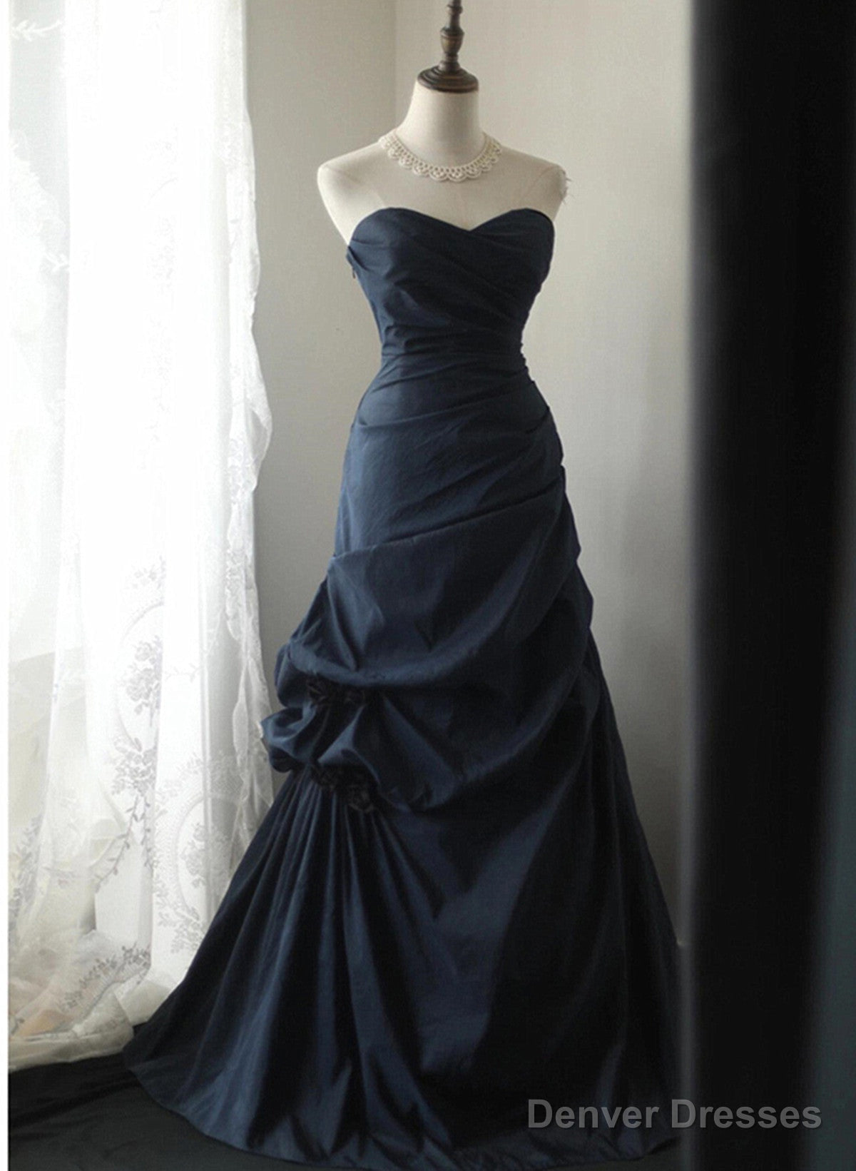 Navy Blue Vintage Style Taffeta Long Prom Dress, Navy Blue Party Dress Main image