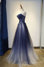 Navy Gradient A Line Tulle Long Formal Prom Dress
