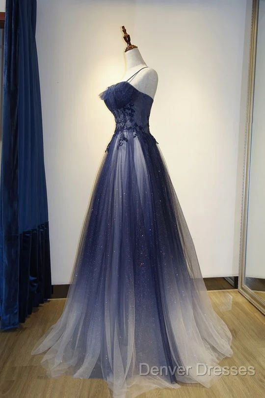 Navy Gradient A Line Tulle Long Formal Prom Dress