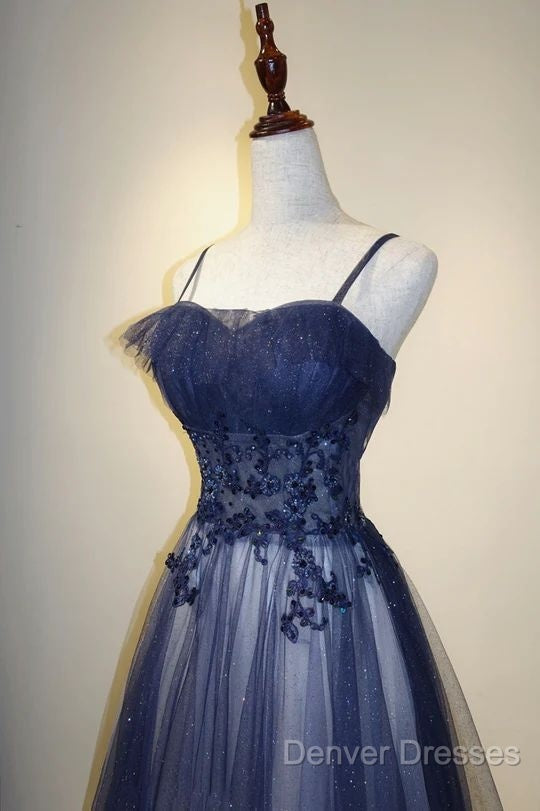 Navy Gradient A Line Tulle Long Formal Prom Dress