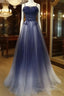 Navy Gradient A Line Tulle Long Formal Prom Dress