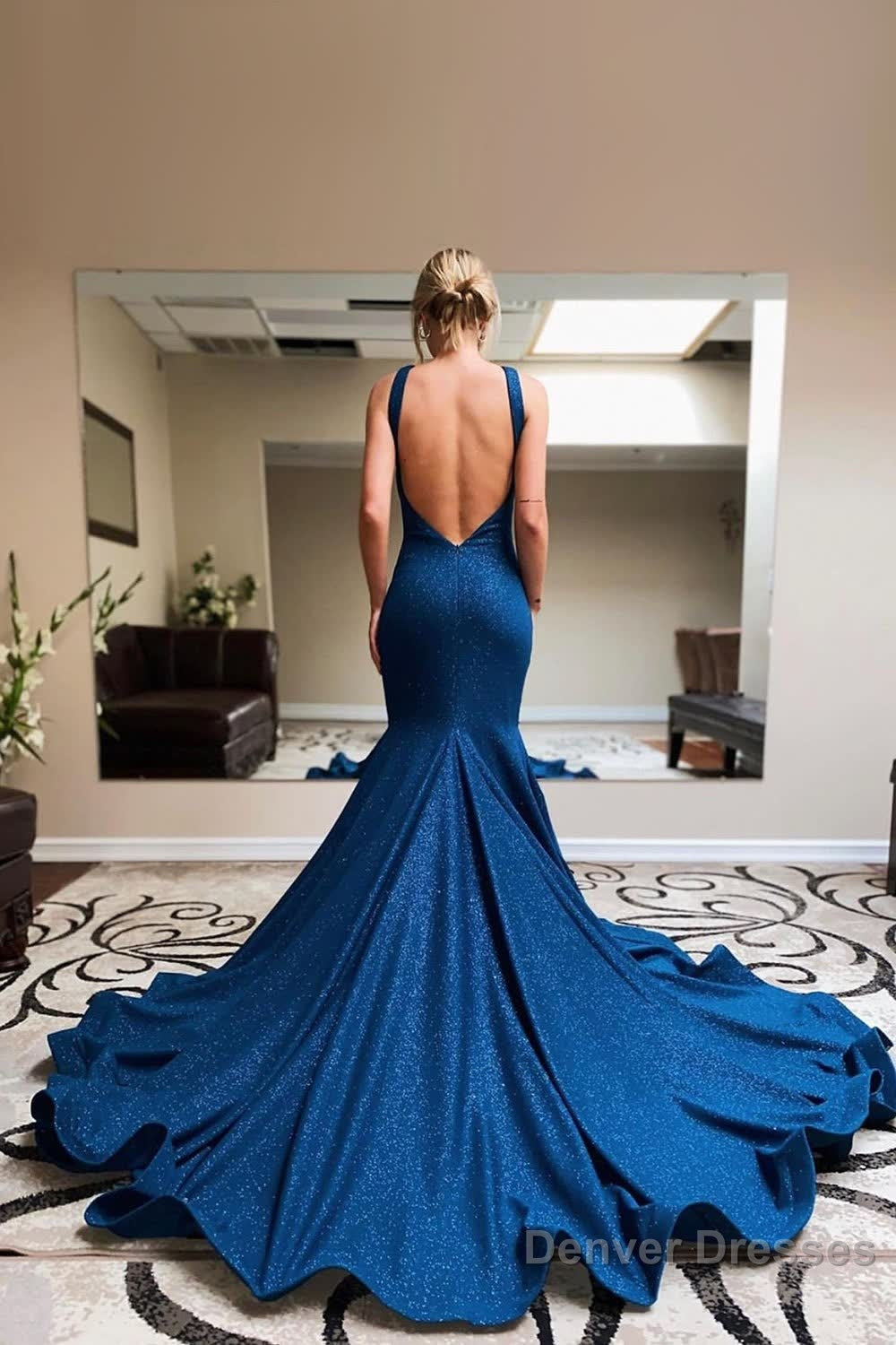 Navy Halter Sparkly Mermaid Prom Dress Secondary image