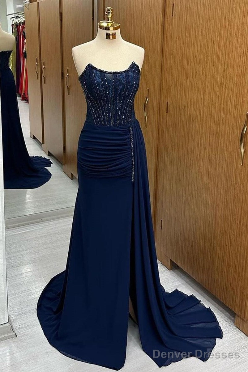 Navy Lace Beaded Strapless Long Formal Dress with Attached Train Main image