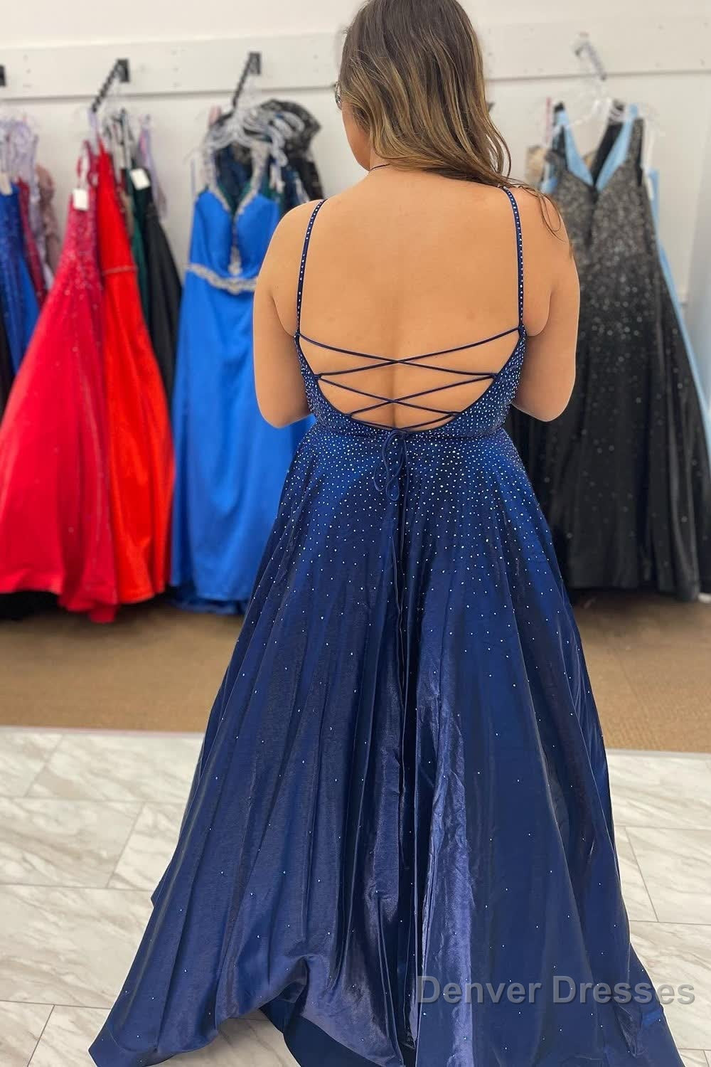 Navy Lace-up Back Beading A Line Prom Dress Secondary image