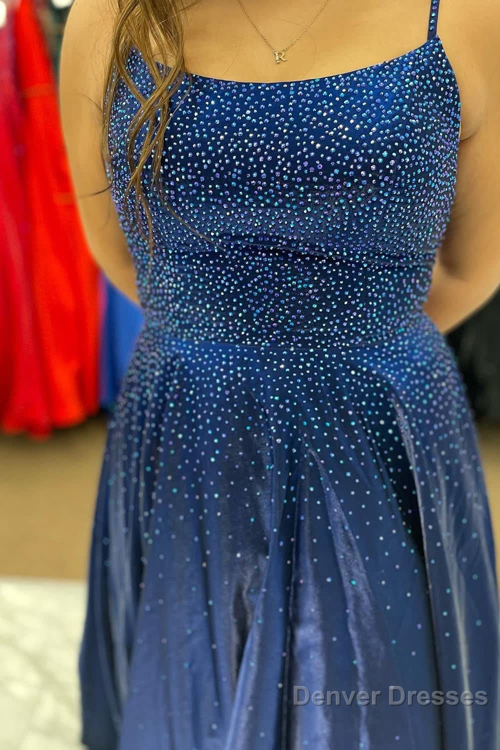 Navy Lace-up Back Beading A Line Prom Dress
