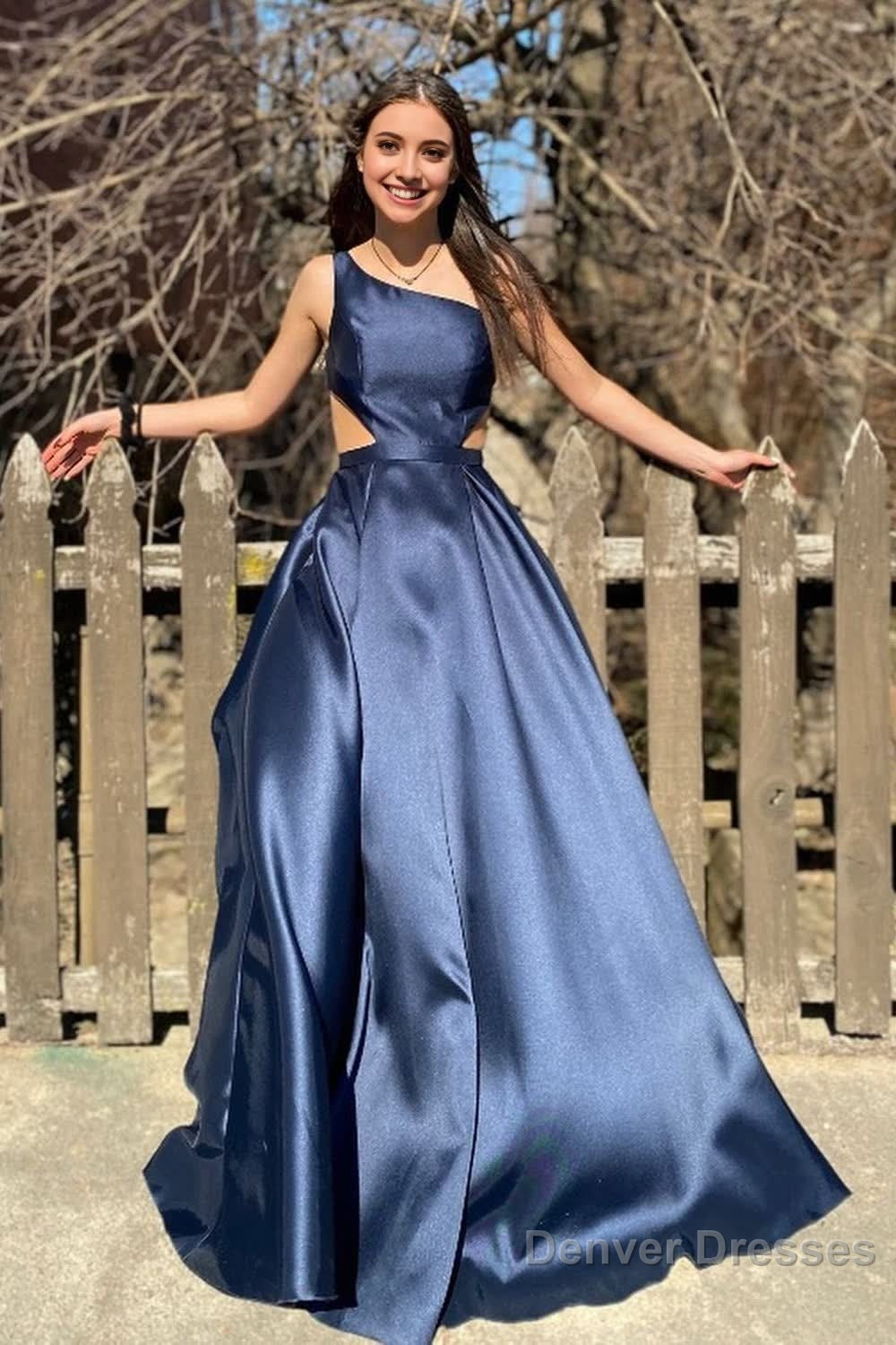 Navy One Shoulder A-Line Long Prom Dress Main image