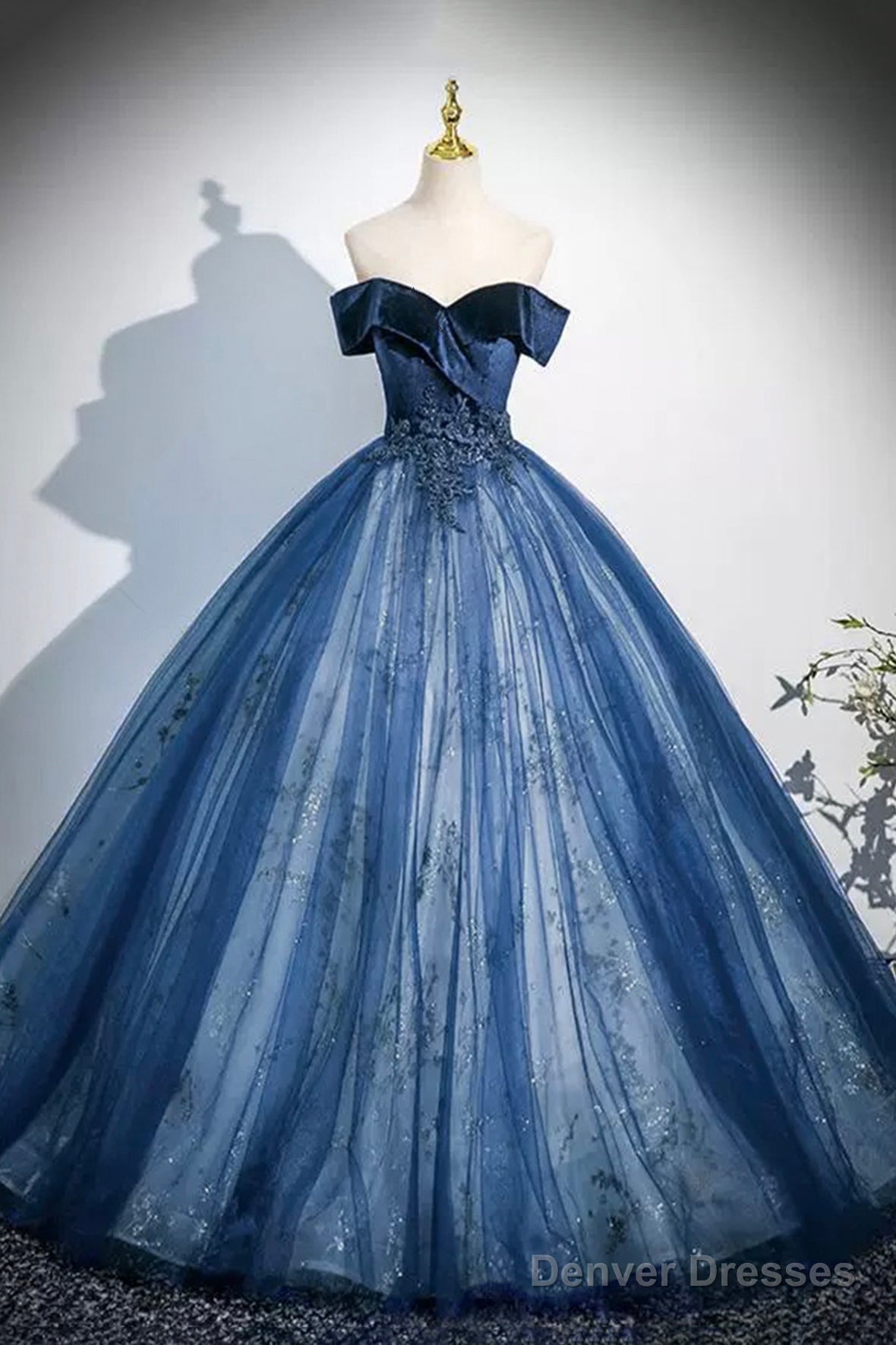 Navy Velvet And Tulle Long Prom Dress, Elegant Off The Shoulder Party Dress Main image