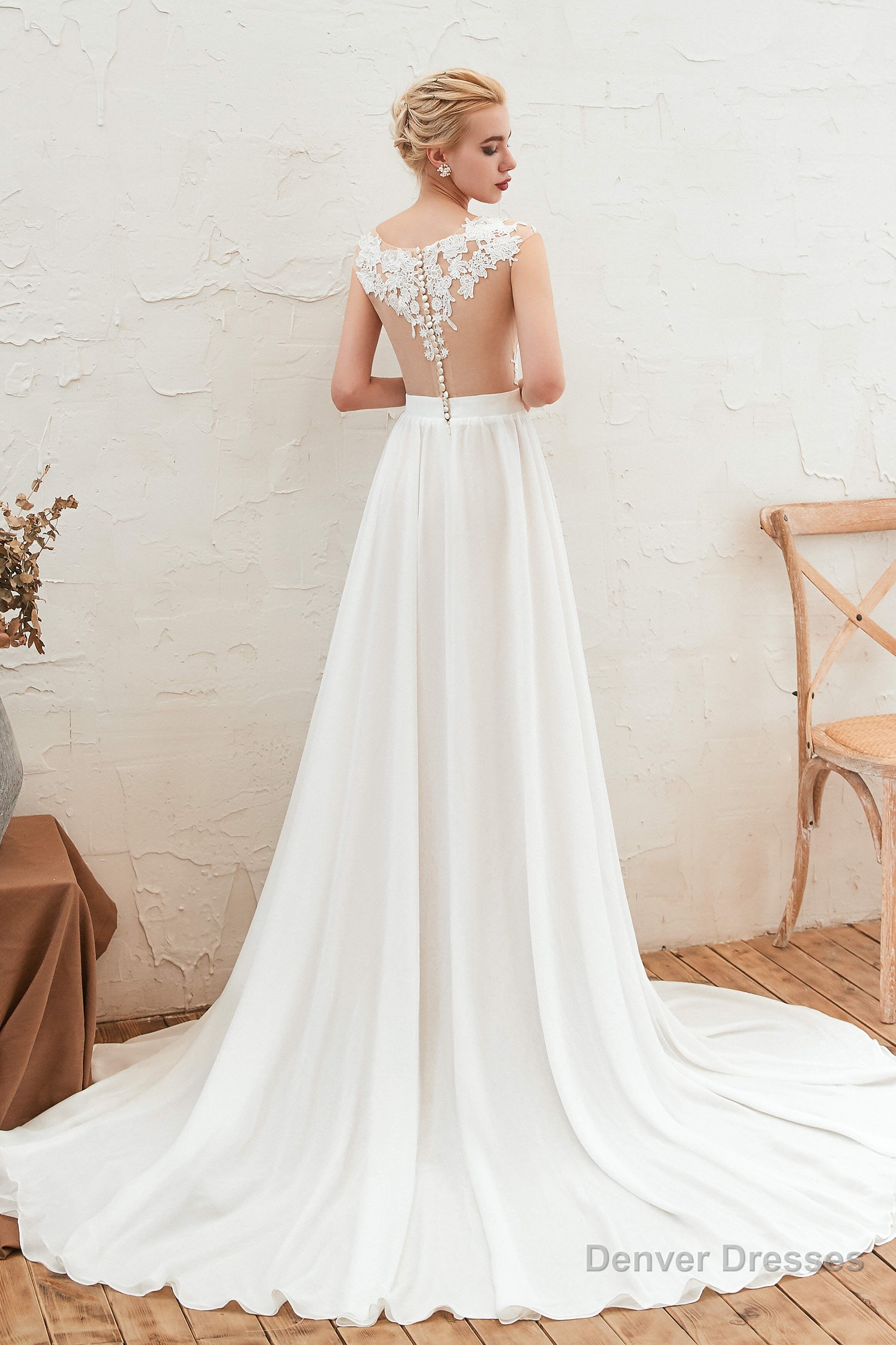 Neck Lace Top White Wedding Dresses with Slit
