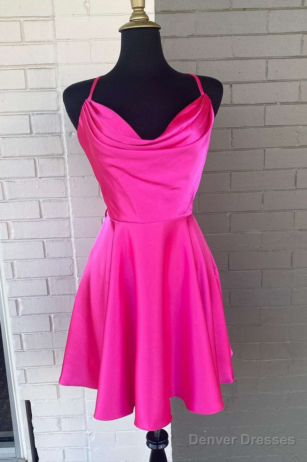 Neon Pink Lace-Up A-Line Satin Homecoming Dress,Night Dress Party Short Main image