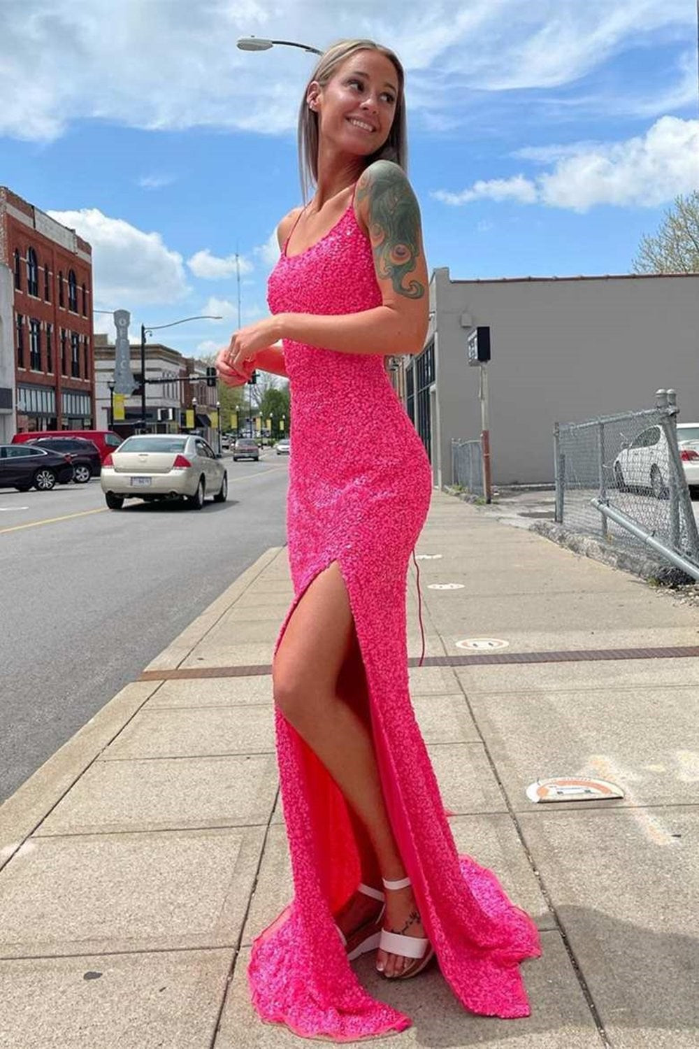 Neon Pink Sequin Mermaid Long Formal Dress Main image
