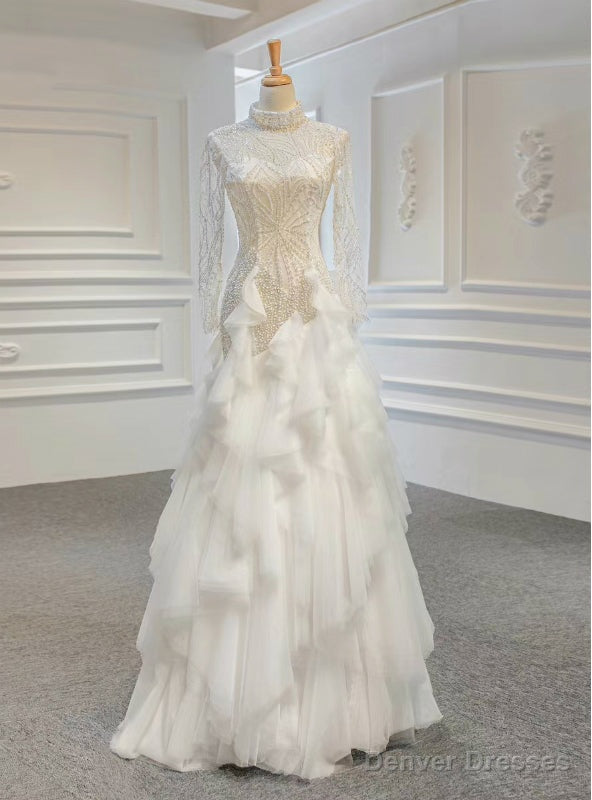 Never Miss Out On White Sheath Tulle High Neck Long Sleeve Beading Wedding Dress Main image