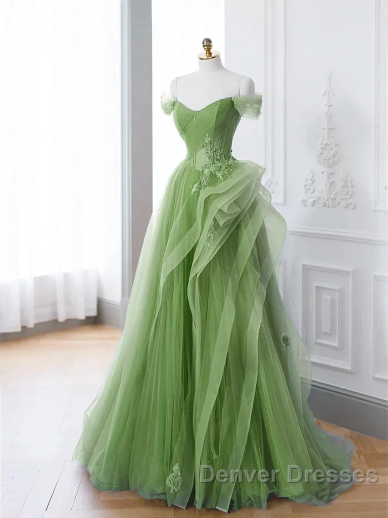 New Arrival A-Line Tulle Lace Green Long Prom Dress, Green Lace Long Formal Dress