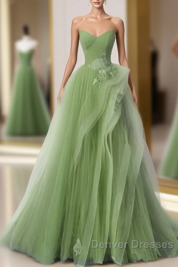 New Arrival A-Line Tulle Lace Green Long Prom Dress, Green Lace Long Formal Dress Main image
