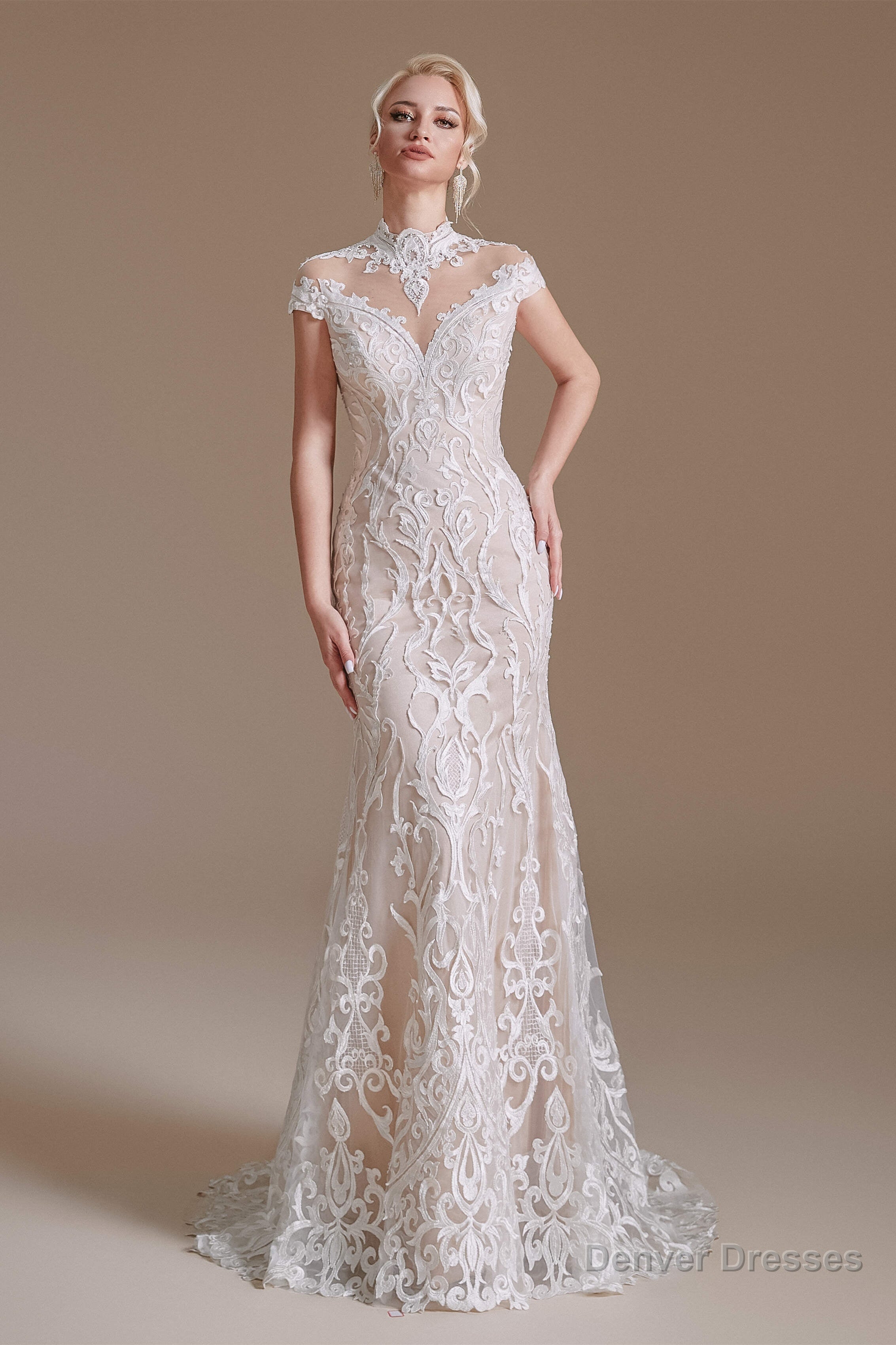 Lace Beading around Neck Wedding Dresses